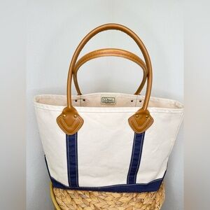 Vtg L.L. Bean Boat & Tote Bag Leather-Handle Canvas Carryall white navy stiff